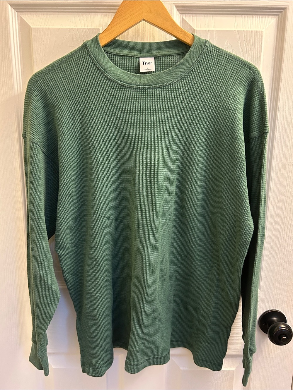 TNA Waffle-Knit Crewneck Sweater in Sage Green